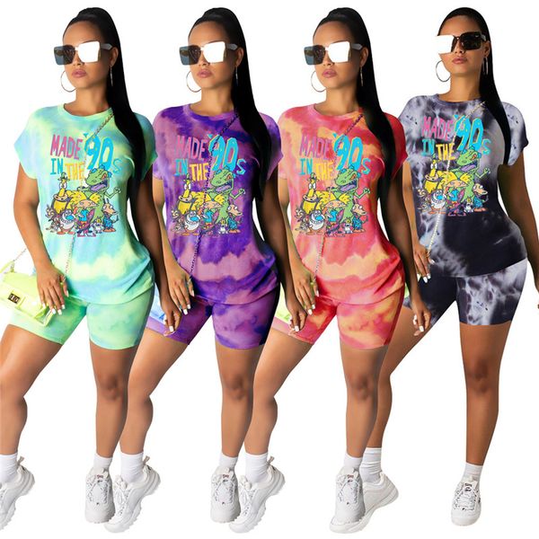 

cartoon tie-dye printing casual home sports and leisure two piece shorts set, Gray