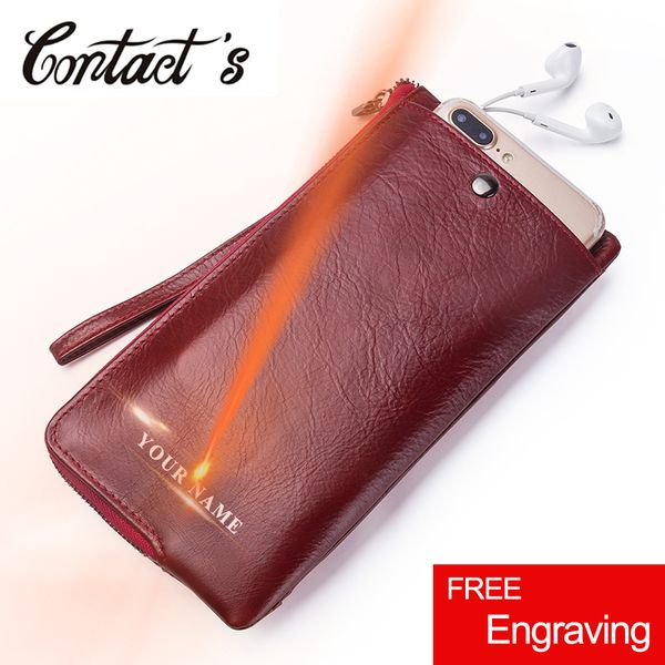 

contact's new genuine leather woman wallets long clutch female purse brand design phone bag for female 2020 fashion coin wallet c1115, Red;black