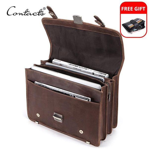 

contact's men's bag crazy horse leather briefcase men business bag for 14" lapleather shoulder messenger bags male1