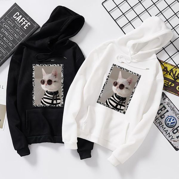 

women hooded sweatshirt spring autumn long sleeve cute cat pattern print hoodies for girls plus size loose casual wear korean, Black