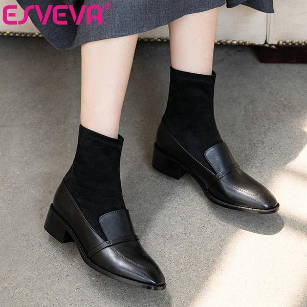 

esveva 2020 women shoes winter ankle boots square med heel flock slip on pointed toe elegant motorcycle platform boot size 34-39, Black