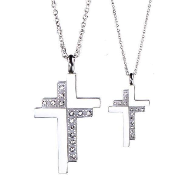 

doublelayer cross pendant necklace cubic zirconia gold/silver colour hip hop jewelry women men stainless steel couple necklace
