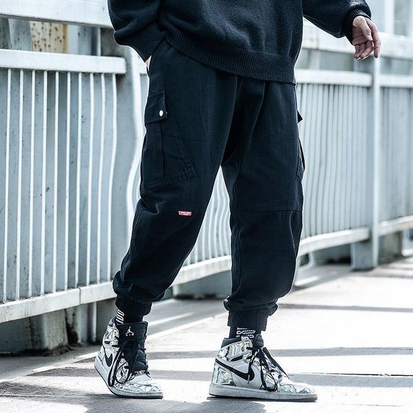 

men's pants overalls straight male qiu dong loose logo function of pure color stitching joker leisure beam foot trousers1, Black