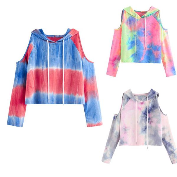 

ladies hoodie color tie dye printed shoulder cut-out long sleeve hooded sweatshirt blouse pullover hooded sweatshirt #srn, Black