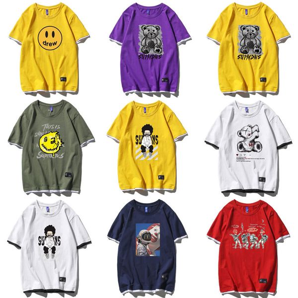 

men's tshirts women fake 2 in 1 drew print smile face t-shirt harajuku casual fashion t-shirts cotton plus size tees 4xl 5xl, White