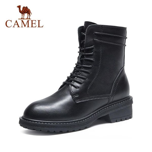 

boots camel women shoes 2021 autumn short thick heel mid-heel zipper lace-up motorcycle for, Black
