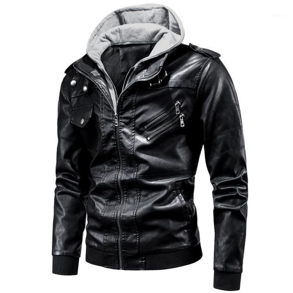 

men 2020 spring casual motor hooded pu leather jackets coat men autumn outwear fashion punk style hat leather jacket1, Black