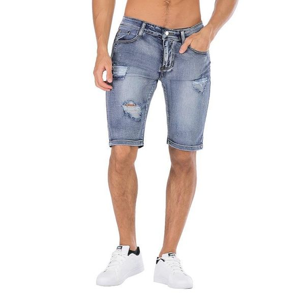 

2020 european style man straight denim shorts slim men ripped hole short cool vintage summer male fashion trousers, Blue