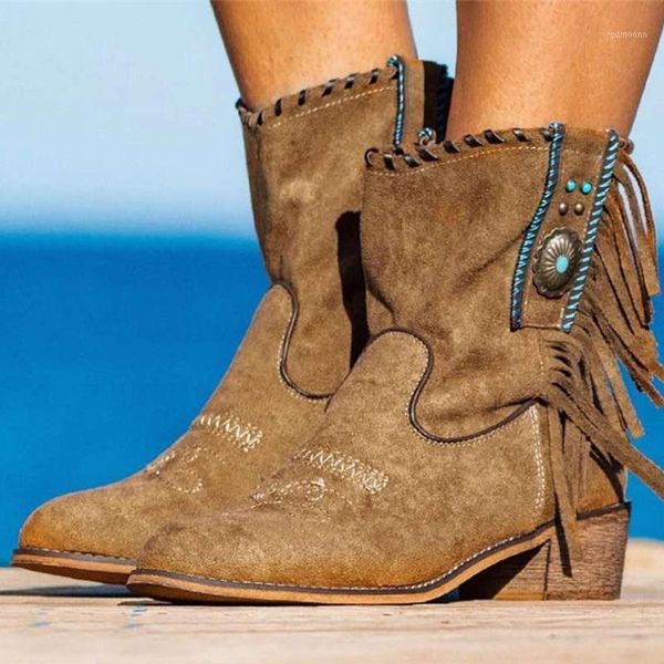 

2021 new autumn women boots slip on pu leather casual shoes pointed toe fringe fashion boots sewing vintage plus size1, Black