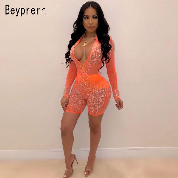 Beyprern Glitter Linda Crystal Created Macacão Glam Zipper Front Stretchy Mesh Jumpsuit Womens Catsuit Club Macacões T200704