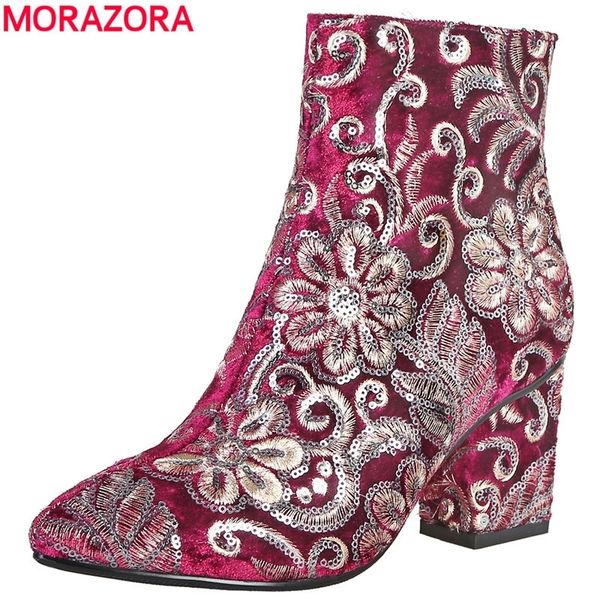 

morazora embroider women boots thick high heels autumn winter boots fashion footwear ladies shoes ankle boots t200425, Black