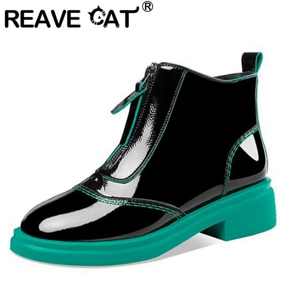 

reave cat new 2021 женские лодыжки boots round toe 4 см блочные каблуки патентные кожи на шнуровке мягкая стильная стильная молния повседнев, Black