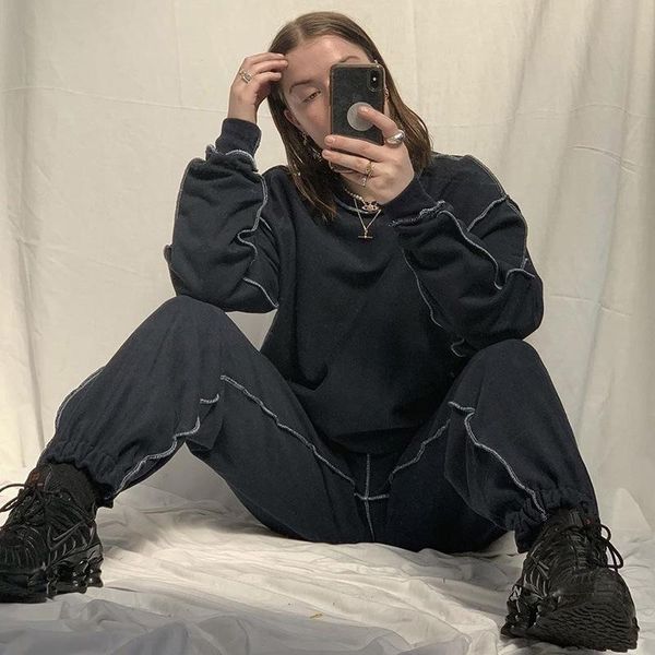

thick solid color sweatshirt patchwork trousers 2 piece set autumn long-sleeve two piece outfits for women, Gray