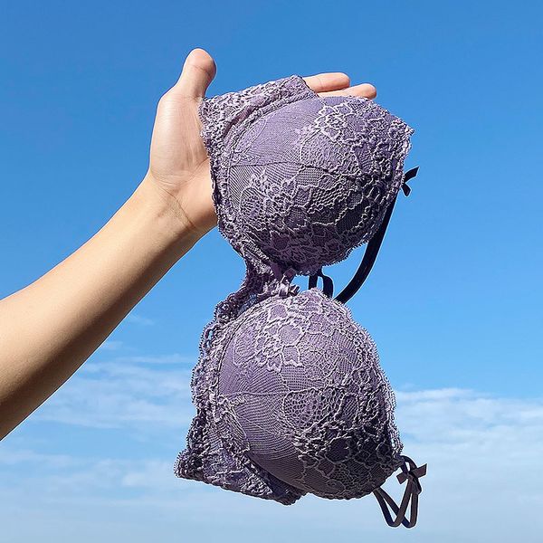 

women's underwear with thin thick bottom gathered lace mesh adjustable breast bra set autumn and winter, White