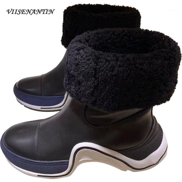 

leather wool snow boots round toe sports thick-soled women's short warm velvet cotton winter boots height increase fur shoes1, Black