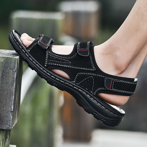 

2020 new summer flip flop breathing men leather sandals man apartments casual fashion beach male plus size 38-47 shoes 2fab, Black;brown