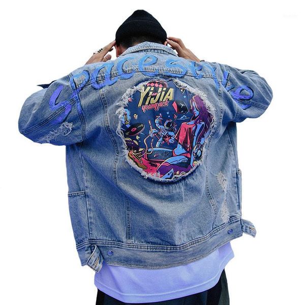 

street brand men coats graffiti denim jackets space astronaut cartoon pictures beautiful girl printed casual loose jacket1, Black;brown