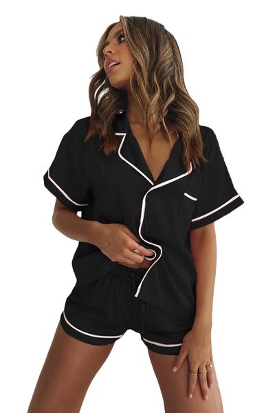 

women summer pamajas sets single breasted short sleeve drawstring shorts female solid sleepwear, Black;red