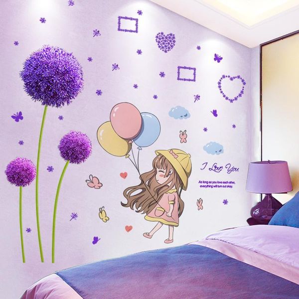 

[shijuekongjian] cartoon girl wall stickers diy dandelion flower mural decals for house kids rooms baby bedroom decoration1