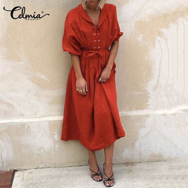 

5xl elegant party dress celmia women lapel short sleeve vintage long shirt dress casual loose belted beach robe femme plus size1, Black;gray