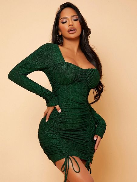

drawstring ruched glitter bodycon dress k23u#, Black;gray