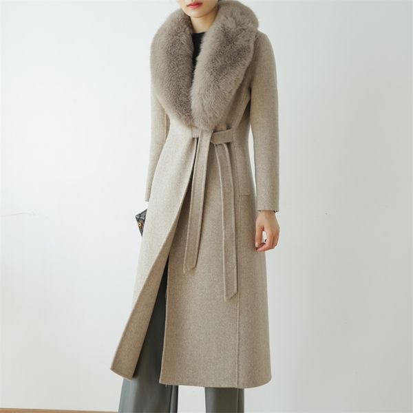 

autumn winter fashion rf0191 100% real wool cloak women with real fox fur collar removable woolen coat 201216, Black