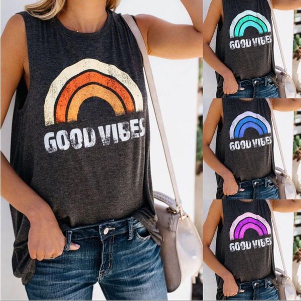 

good vibes letter print round neck rainbow sleeveless summer casual women t shirt 2019 women's clothing, White