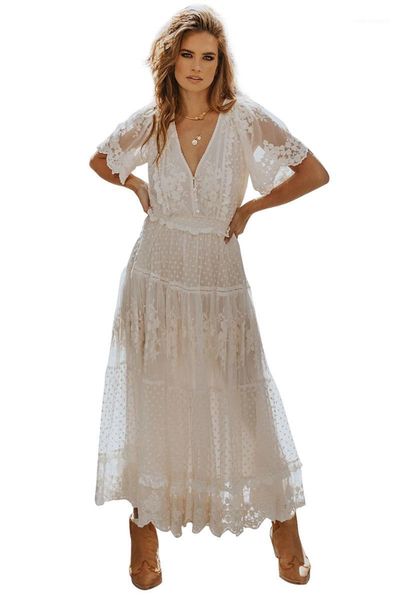 

party dresses hollow out white dress women long lace criss cross semi-sheer plunge v-neck short sleeve maxi1, White;black