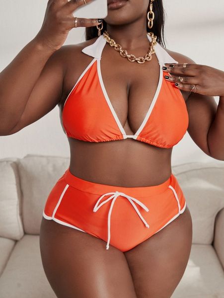 

plus contrast binding triangle high waisted bikini swimsuit u8za#, Black