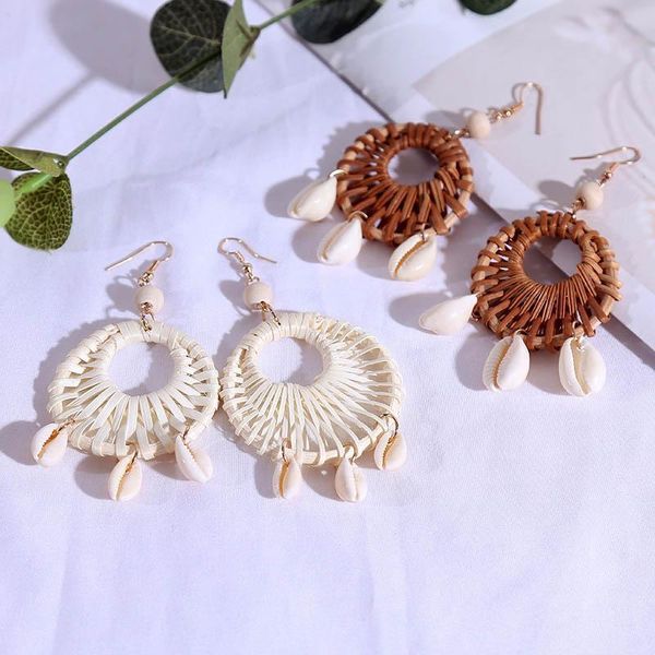 Bohemian Handmade Runde Rebe Rattan Stricken Ohrringe Für Frauen 2020 Mode Boho Natürliche Shell Hängen Ohrring Schmuck Geschenke