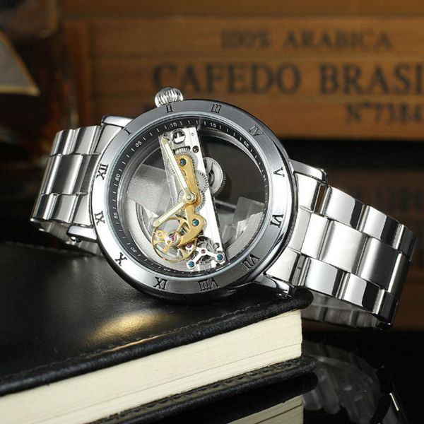 

hollow high grade men's steel band mechanical watch, new automatic business watch, Slivery;brown