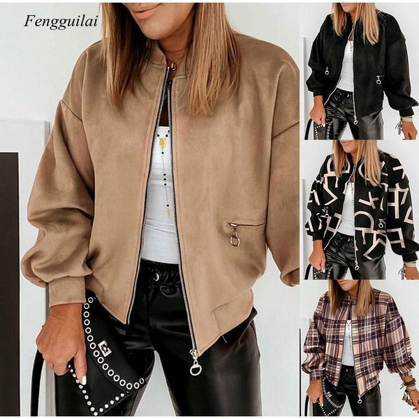

women's jackets autumn streetwear simple jacket coat women o-neck solid long-sleeve zipper female 2021 spring fashion ladies coats, Black;brown