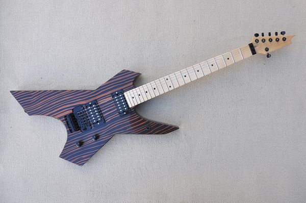 

factory custom unusual shape zebra wood electric guitar with double rock bridge,black hardware,hh pickup,maple fretboard,offer customized