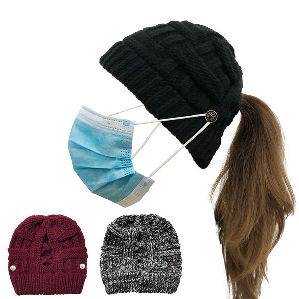 

knit crochet beanie hat with face mask button girl women men winter warm fashion ponytail grid criss-cross hollow out helmet sport headwear, Yellow