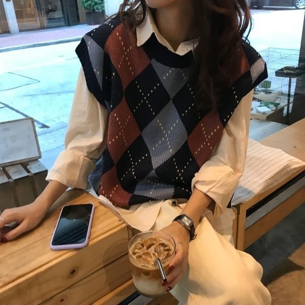 

autumn and winter korean style knitted vintage plaid sleeveless vest sweaters womens pullovers womens (c9052) 201109, White;black