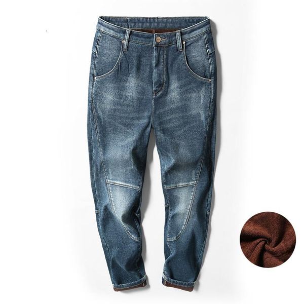

winter fleece warm jeans men thicken elastic loose lined jeans harem pants fit blue pants male brand plus velvet big size 40 42