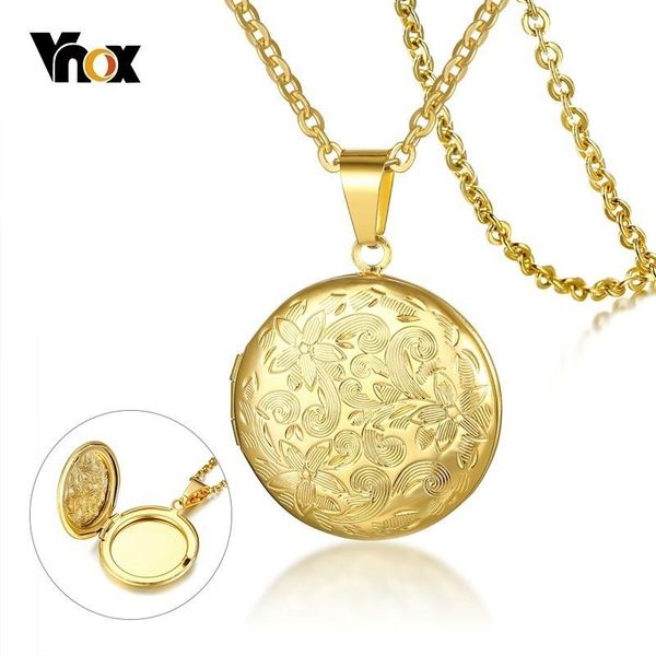 

vnox floral texture womens locket pendant gold color stainless steel necklaces rurality flower feme necklace, Silver