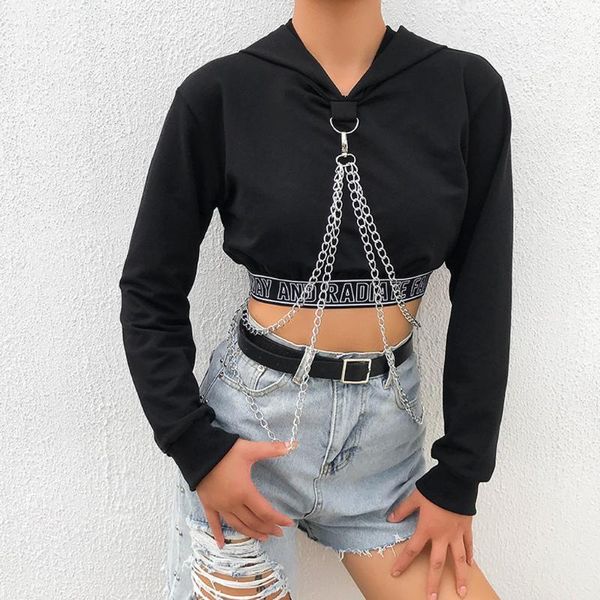 

women cropped hoodie gothic punk 2019 metal chain hip hop harajuku crop hooded pullover sweatshirt cosplay casual 1, Black