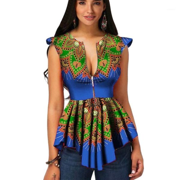 

vintage shirt women summer zipper african printing sleeveless tunic shirt slim fit ruffles wrap blusas mujer de moda 20201, White