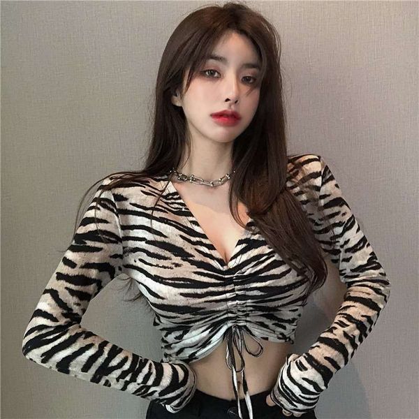 

zebra print t-shirt women's bottoming shirt with autumn and winter slim fit long sleeve v-neck short ins fashion, Black;gray