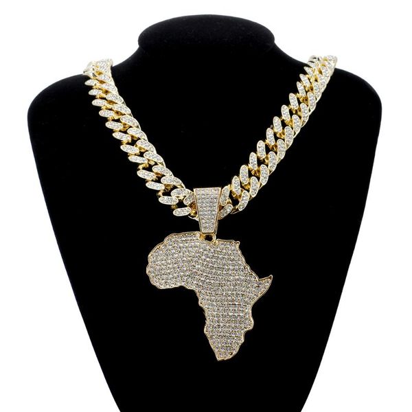 Collana con ciondolo con mappa dell'Africa in cristallo di moda per donna Accessori hip-hop per uomo Collana di gioielli Girocollo con catena a maglia cubana
