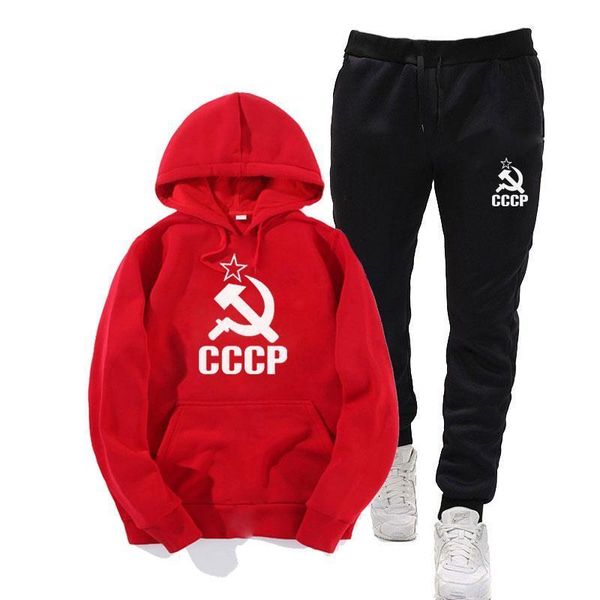 

autumn warm tracksuit men hoodie sweatshirt jacket+sweatpants suit unique cccp russian ussr soviet union print sportwear m-3xl, Black