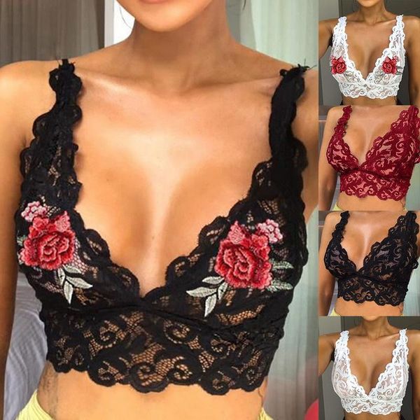 

deep v neck lace bra women bralette seamless crop flowers bralet bra tank cami underwear bustier top, Red;black