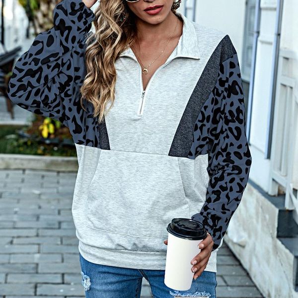 

2020autumn женская толстовка мода леопардовый сращивание зип воротник длинные рукава плюс размер пуловеры свободные повседневные женские топ, Black