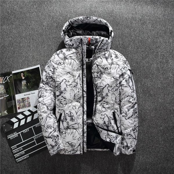 

winter new boutique white duck down thick warm fashion print mens casual white black down jacket mens slim hooded down coat 201105