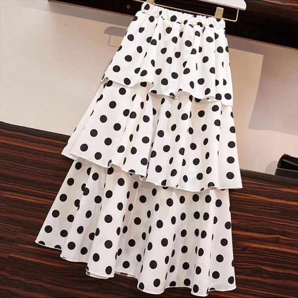 

2020 summer women midi skirts korean boho bohemian ruffles ladies beach holiday polka dot layer flare pleated skirt for women, Black