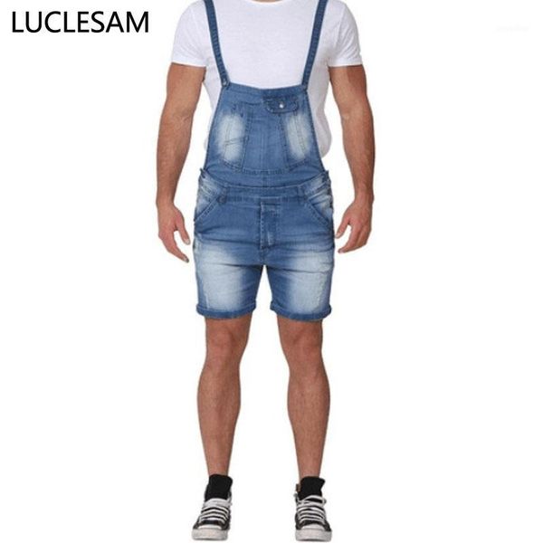 

mens straight ripped short jeans jumpsuits casual distressed denim shorts 2020 fashion bib overalls men elastic vintage pants1, Blue