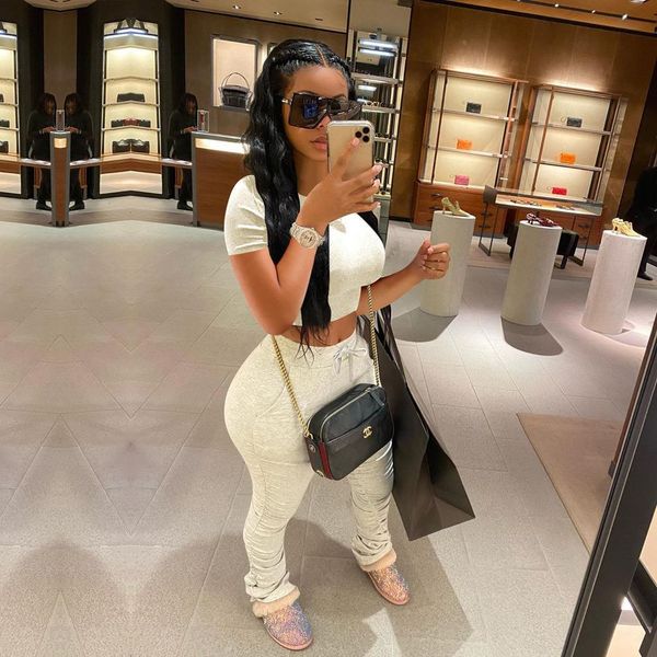 

two piece set casual tracksuit women short sleeve shirts and stacked sweatpants sets pink outfits women's clothing plus size, Gray