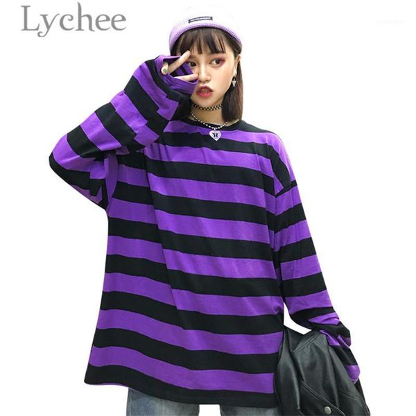 

women's t-shirt lychee trendy hit color stripes women long sleeve short o-neck block female t shirt casual loose tee, White