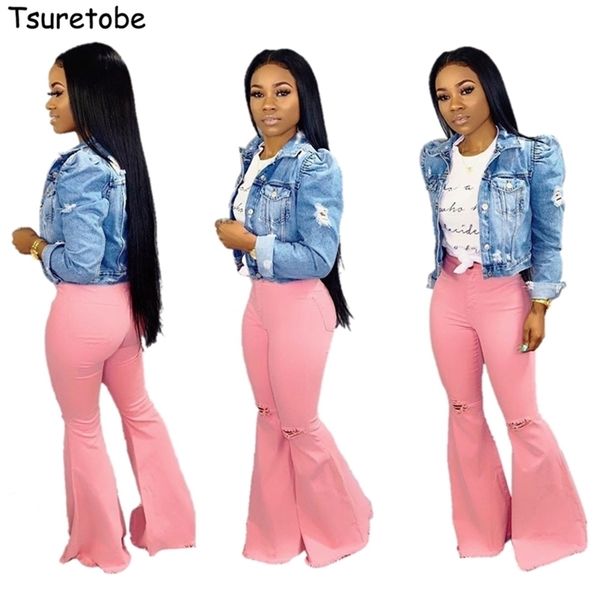 

tsuretobe ripped jeans for women high waist flare jeans vintage bell bottom jeans pink denim wide leg pants female trousers 201223, Blue